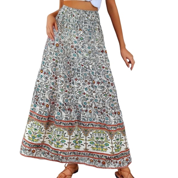 Women's Bohemian Floral Print Skirts Maxi Flowy Hem Casual High Waist Beach Holiday Vacation Khaki Skirt L