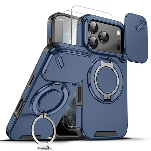 Allytechgroup Rugged Case for Apple iPhone 17 Pro Max with 2 Pcs Screen Protector, Sliding Camera Lens Cover Rotating Kickstand Anti-Scratch Magnetic Back Cover Compatible with Car Mount,Blue