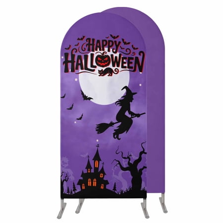 5FT Arch Backdrop Covers Happy Halloween Wedding Arch Cover Stretchy Pumpkin Witch Castle Cat Tree Purple Black Chiara Arches Backdrop Stand Covers for Birthday Baby Shower Party Banquet Decor