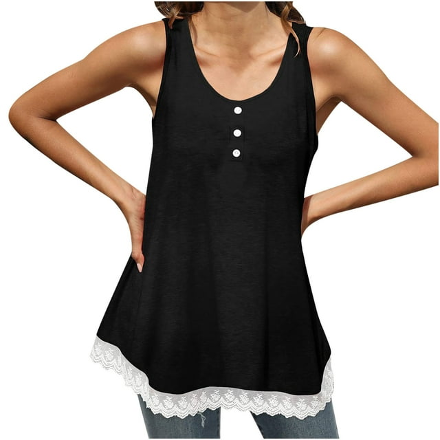 Babysbule Womens Tank Tops Clearance Women's Summer Sleeveless Solid Lace Patchwork Button Round Neck Tank Top