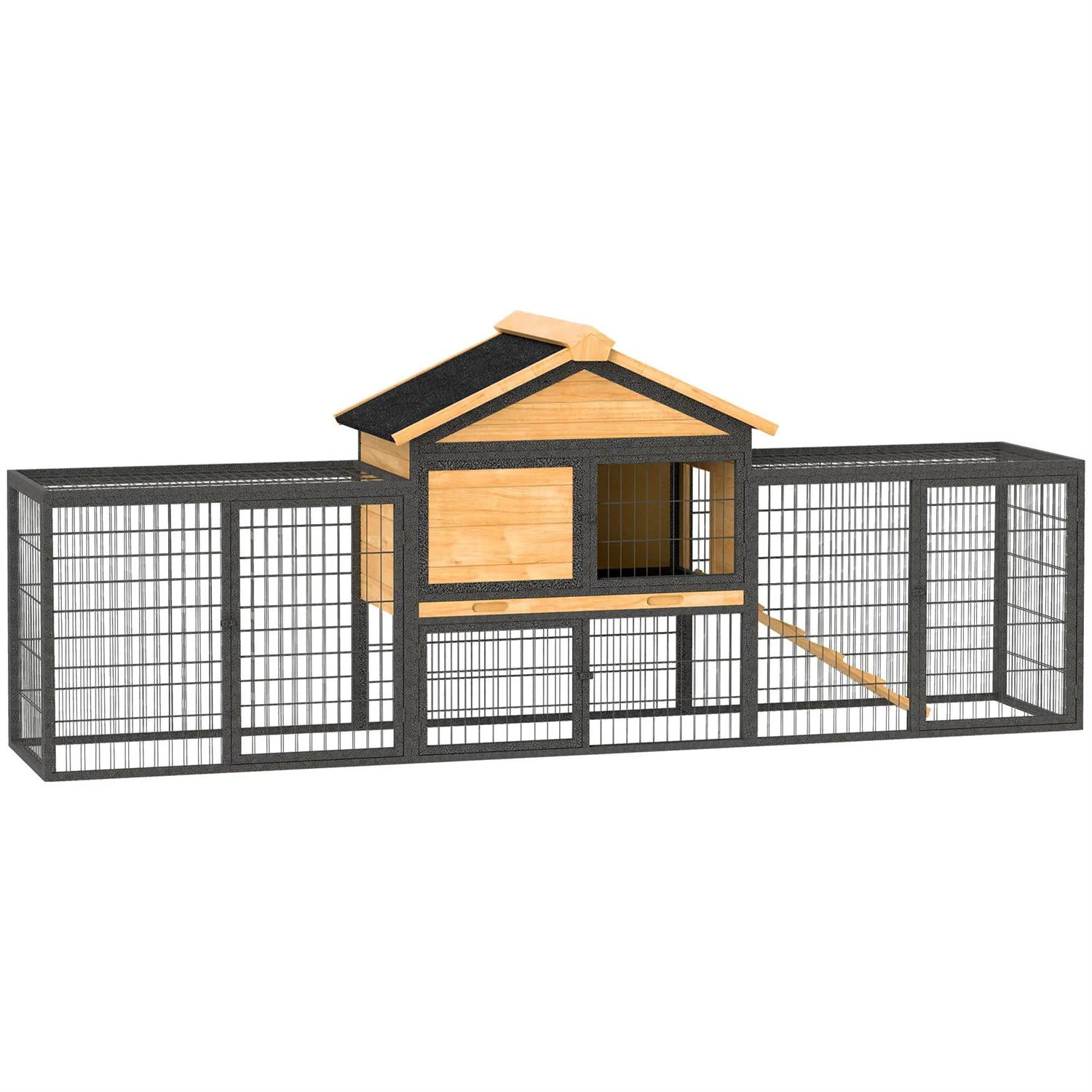 Pefilos 85" Wood Rabbit Hutch, Guinea Pig Cage with Removable Plastic Tray, Asphalt Roof, Bunny House for Small Animals Outdoor Indoor, Yellow
