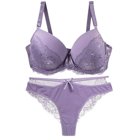 Ukumplol Womens Underwear and Bras Set Push Up Bras for Women Bra and Panty Sets for Women Bra and Panty Sets Lace 2 Piece Bra and Thong Set Underwire Comfortable Bras for Women Purple 75B