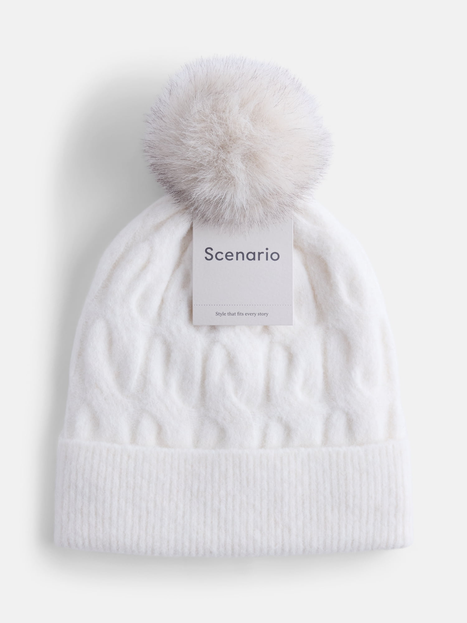 Scenario Women's Cable Knit Pom Beanie, Winter White