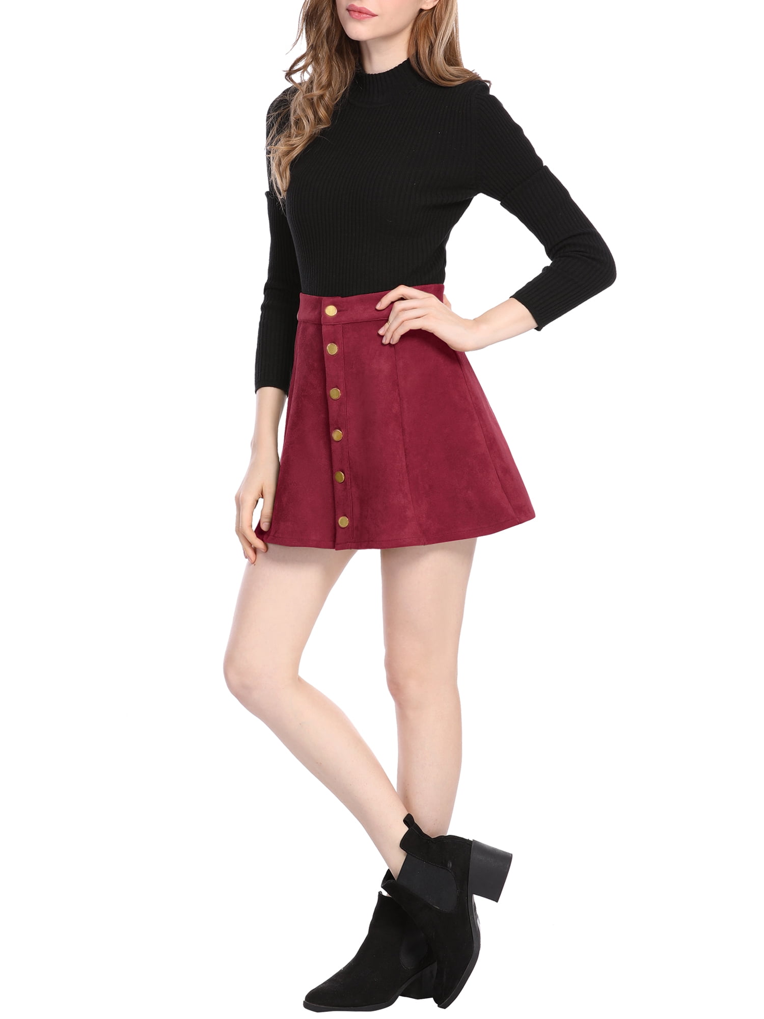 DARING DIVA Women's Faux Suede Button Front Mini A-Line Skirt L Dark Red