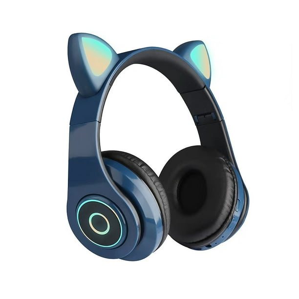 B39 Cute Cat Ear Headset Wireless Bluetooth5.0 Foldable Gaming Headphone  with Flash RGB lights Earphone TF Card /Wired Mode Blue 