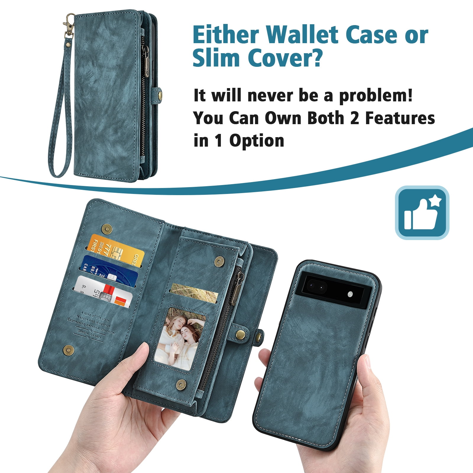 Asuwish Compatible with Google Pixel 6A 5G 2022 Phone Case Zipper Wallet Detachable Tempered Glass Screen Protector Crossbody Lanyard Strap Flip Card Holder Cell Cover for Pixel6A A6 Women Girls Blue