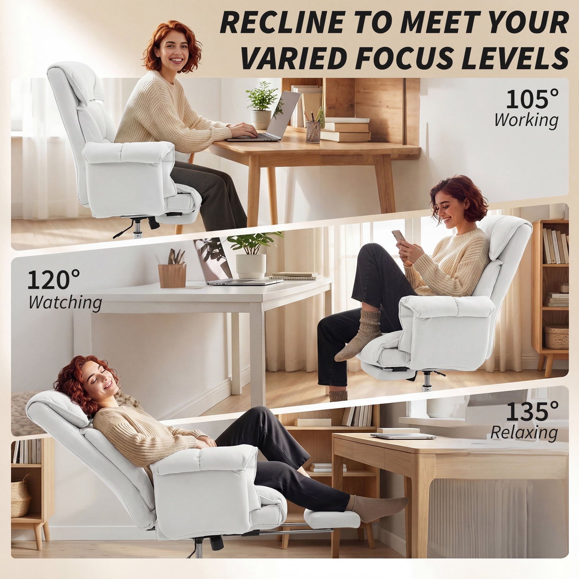 HOMCOM High Back Office Chair, Reclining Desk Chair with Footrest, Thick Cushion, High Resilience Foam, Adjustable Height, Rolling Wheels, Cream White