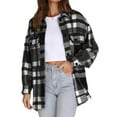 thumbnail image 3 of Women'S Flannel Plaid Shacket Fall Outfits Long Sleeve Button Down Shirts Jacket Coats with Side Pockets Black XL, 3 of 10