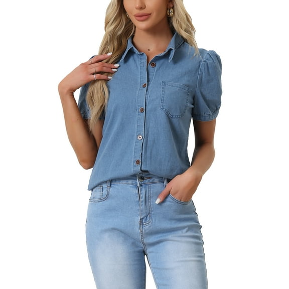 INSPIRE CHIC Women's Collared Short Sleeve Button Up Jean Shirt
