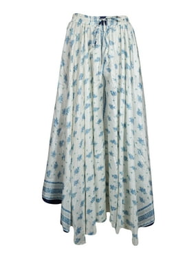 Mogul Women White Blue Maxi Skirt Wide Leg Full Flare Vintage Printed Sari Divided Uneven Gypsy Hippie Chic Long Skirts S