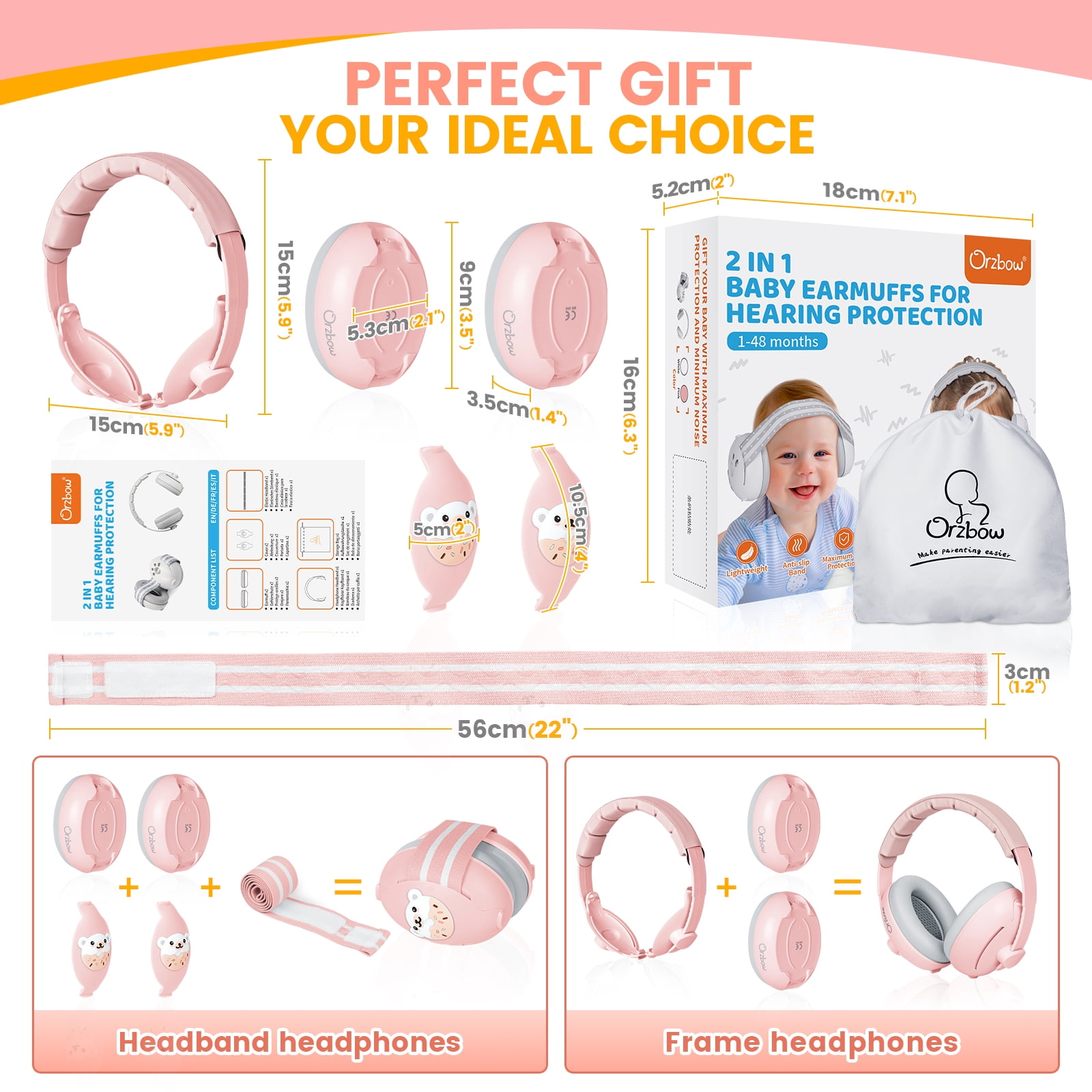 Orzbow Baby Noise Cancelling Headphones with Cute Bear Design for Babies Infant up to 48 Months, Ear Muffs Noise Protection with Non-Slip Band for Airplane Travel Sleep, Pink Bear