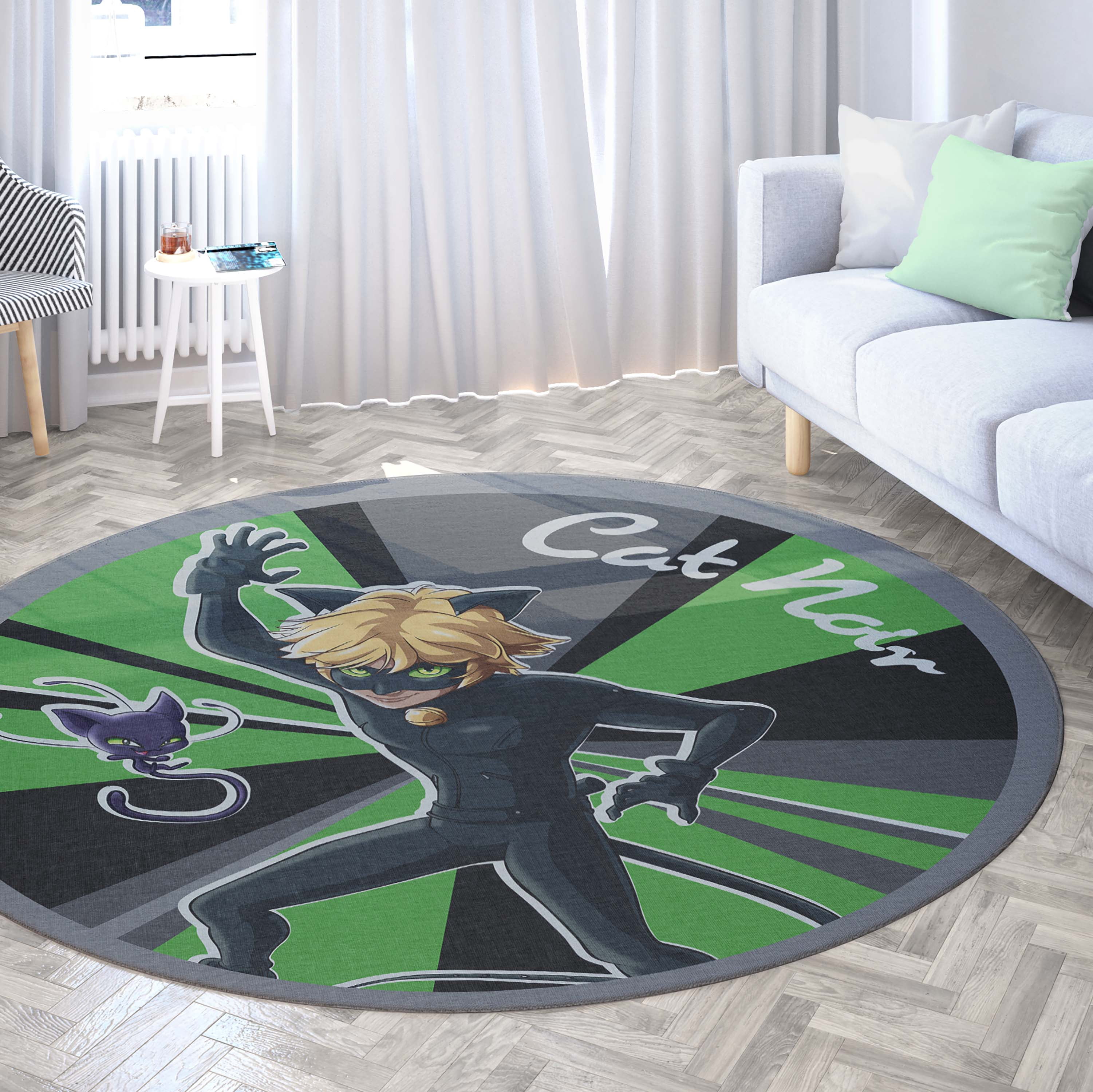 Well Woven Miraculous Ladybug Cat Noir Green 6'7" Round Rug