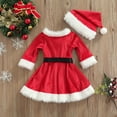 thumbnail image 3 of 3Pcs Little Girls Christmas Skirt Set, Fluffy Stitching Boat Neck Long Sleeve Dress + Hat + Waist Belt Suit, 3 of 7