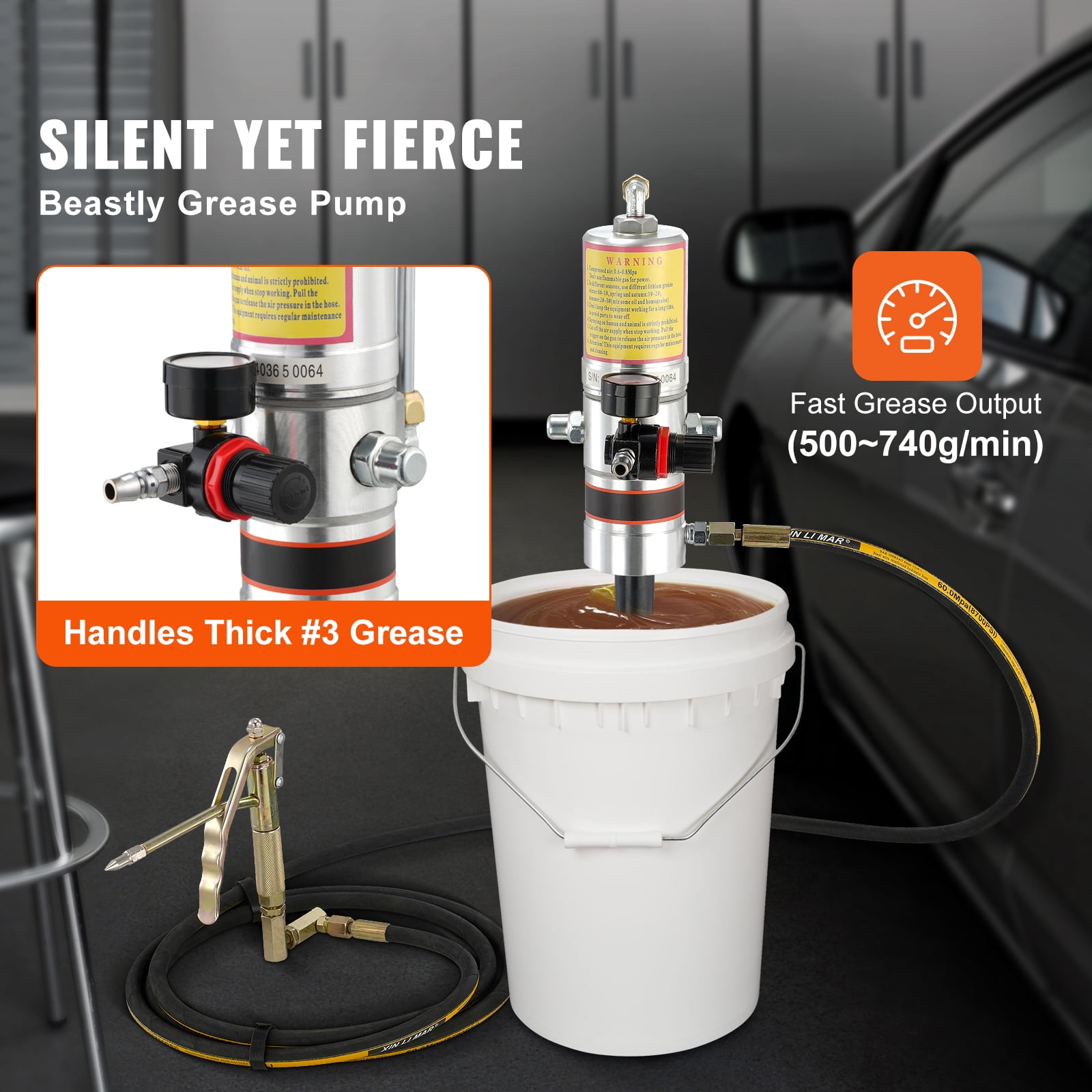KFFKFF Grease Pump Air Operated Grease Pump 0.6-0.8Mpa 13 ft Hose & Grease Gun