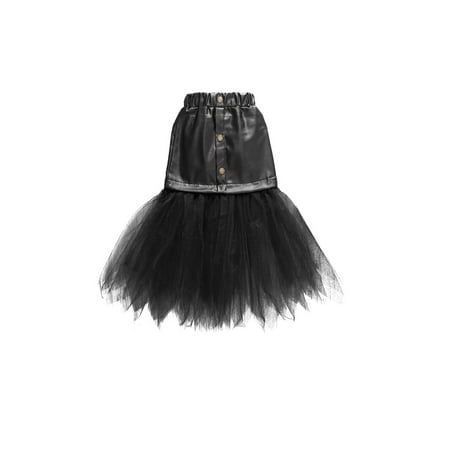 

Yejaeka Baby Girls PU Leather Mesh Spliced Skirt Elastic Waist Irregular Button Skirt