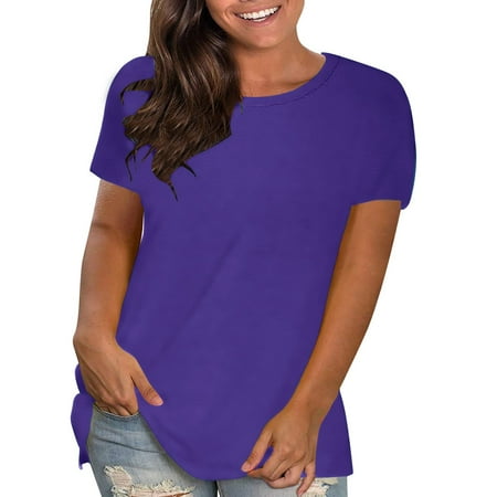 Womens Tops Clearance under $5 Plus Size under $5 Short Sleeve Pullover Solid Loose T Shirts Purple XL