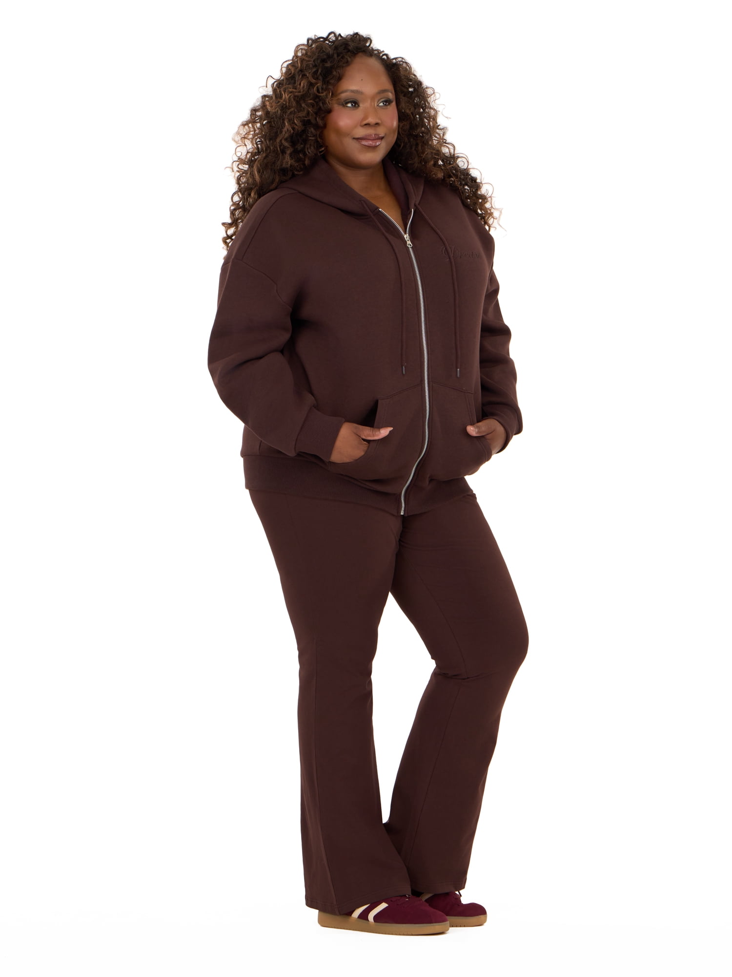Forever 21 Women's Fleece Zip Up Hoodie with Front and Back Graphic Detail, Relaxed Fit Sweatshirt Jacket, Casual Everyday Layering Style, Brown, XXS-4X