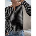 thumbnail image 4 of Women's Henley Neck Striped Long Sleeve Slim Fit Knit Top Black S, 4 of 9