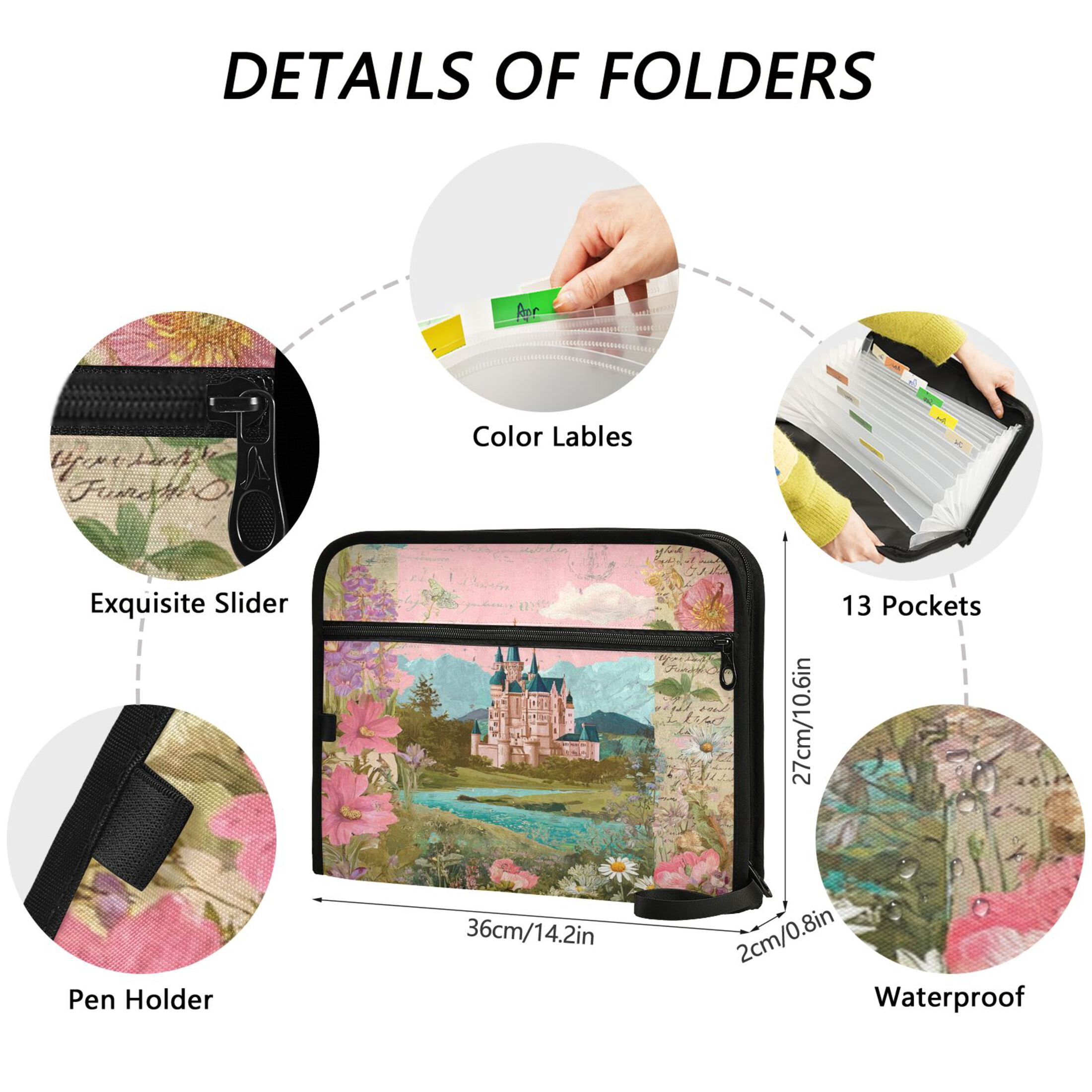 13-Pocket Expanding File Folder—Nylon Accordion File Organizer with Handwritten Labels, Castle Pattern