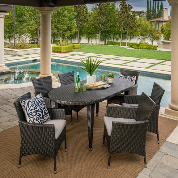 Victor Outdoor 7 Piece Wicker Oval Dining Set with Cushions, Grey, Silver