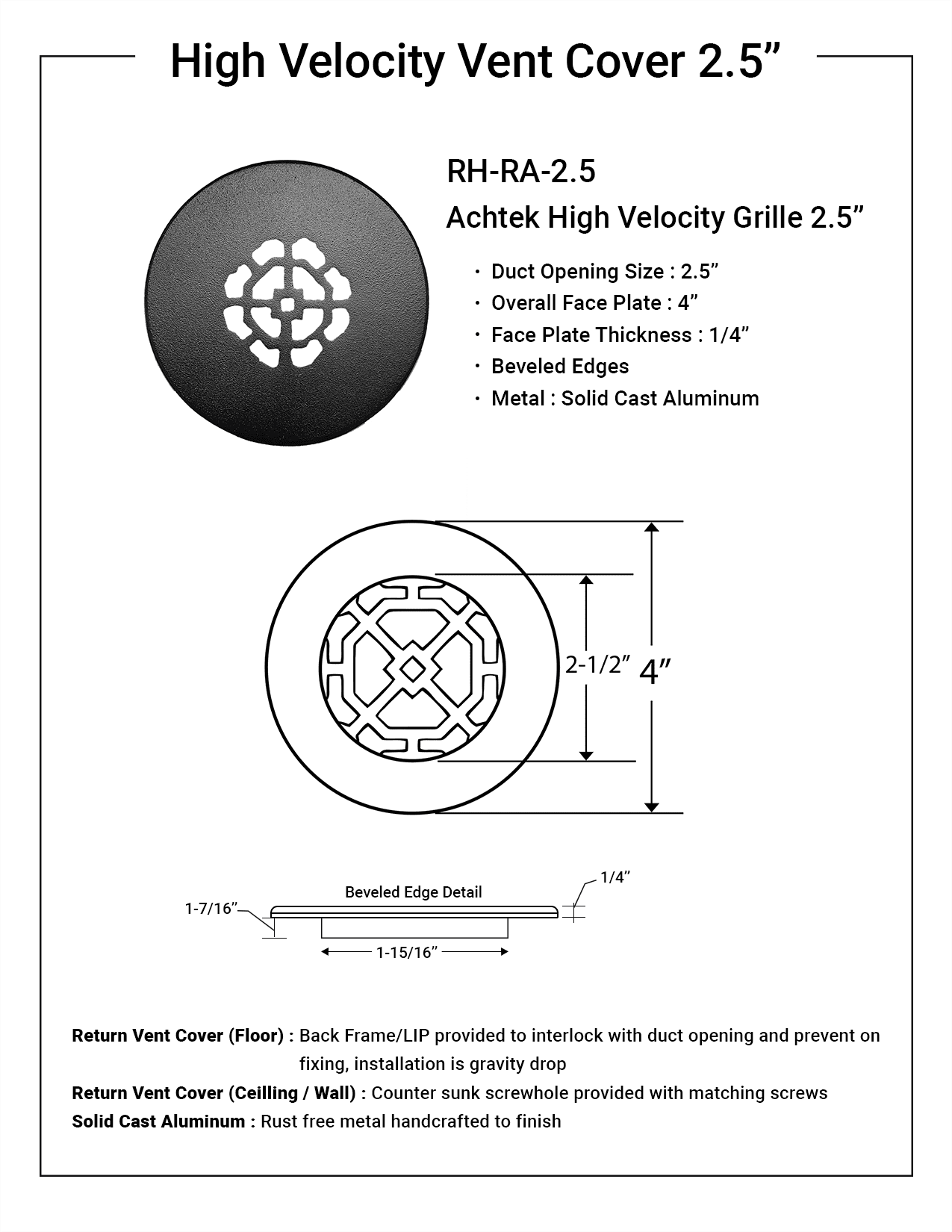 Achtek 2.5" Duct Opening Solid Cast Aluminum Round Grille ( 4" Round Overall) | Powder Coated White - With Holes For Wall / Ceiling