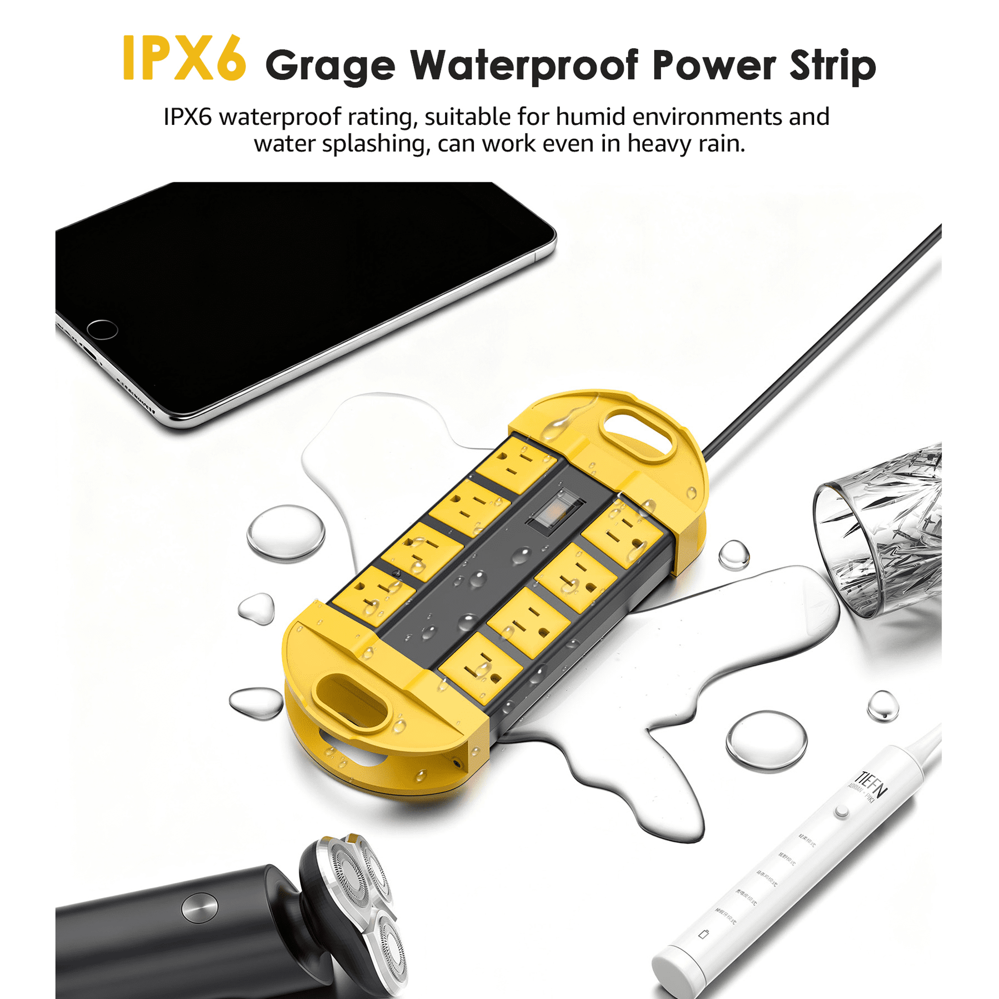 VILONG Metal 8-Outlet Outdoor Power Strip, IPX6 Waterproof, 1200J Surge Protector, 6ft Extension Cord, Flat Plug, ETL Certified for Yard,Patio,Garden