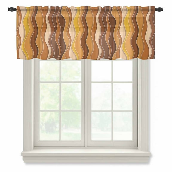 Burnt Orange Ombre Valance Curtains for Kitchen/Living Room/Bathroom/Bedroom Window, Rod Pocket Small Topper Half Short Window Curtains Voile Sheer Scarf, Abstract Art Moire Ocean Waves 42"x18"