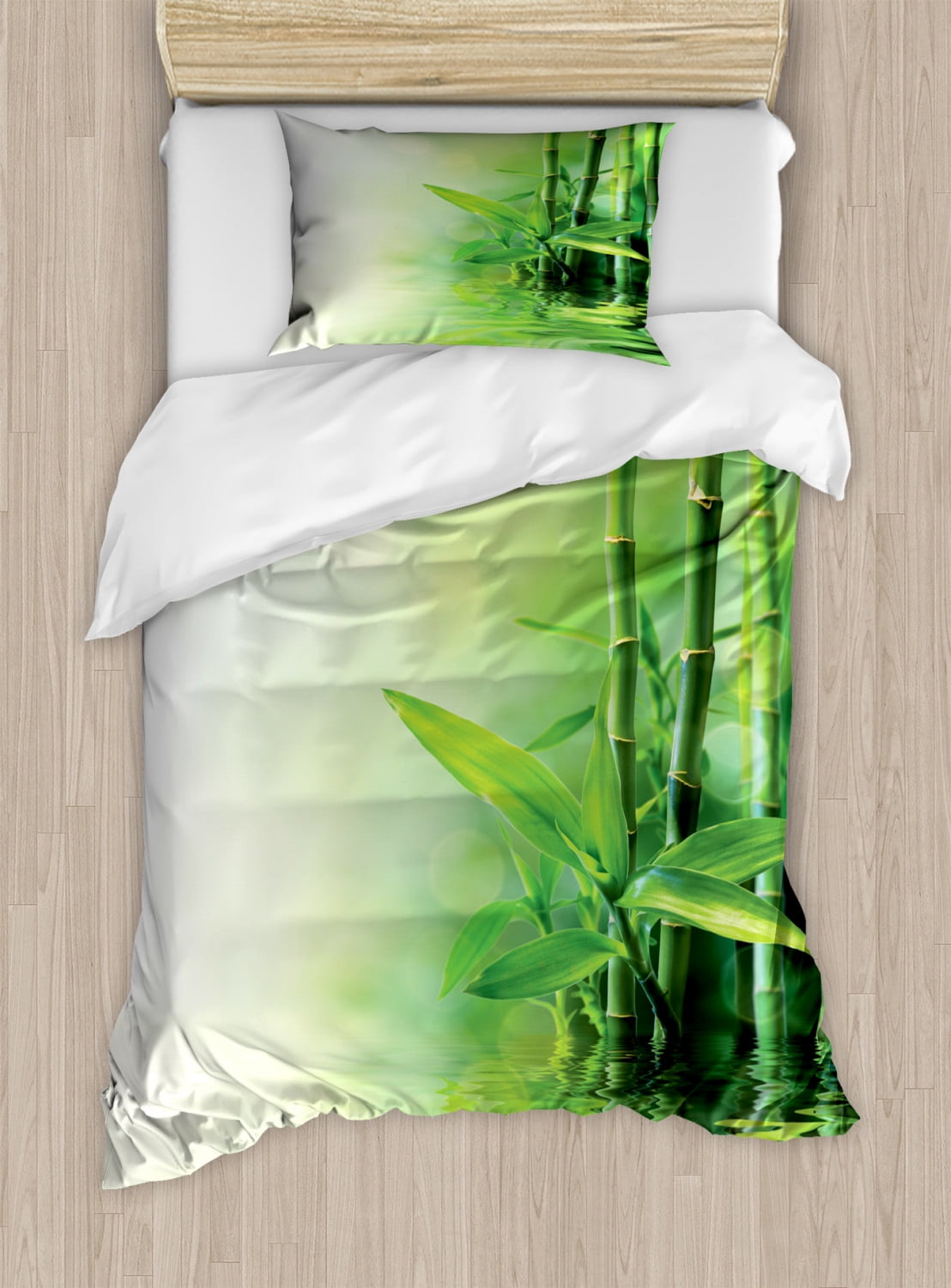 Asian Duvet Cover Set, Bamboo Stalks Reflection on Water Blurs