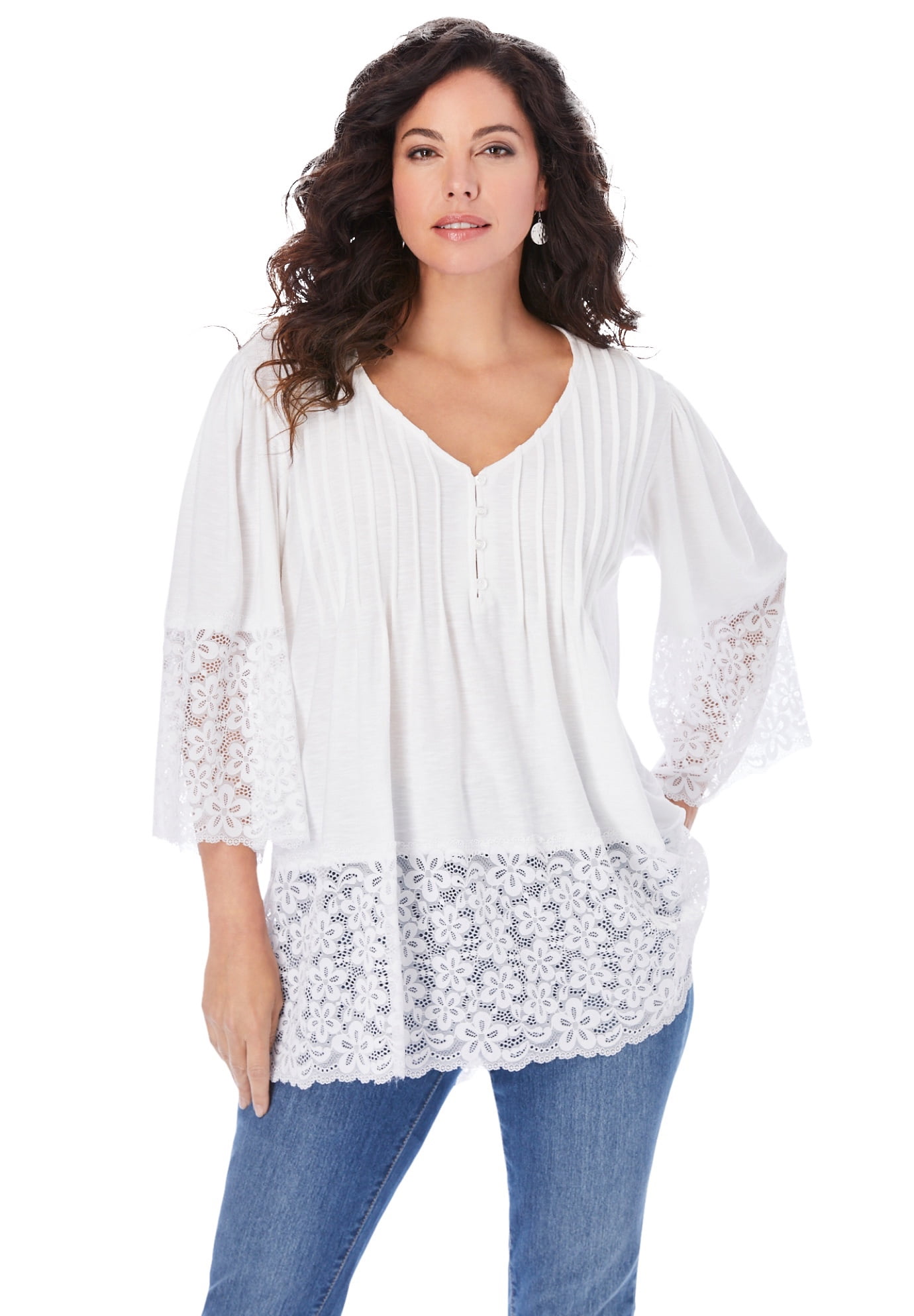 Roaman's Women's Plus Size Lace-Hem Pintuck Tunic Long Shirt - Walmart.com