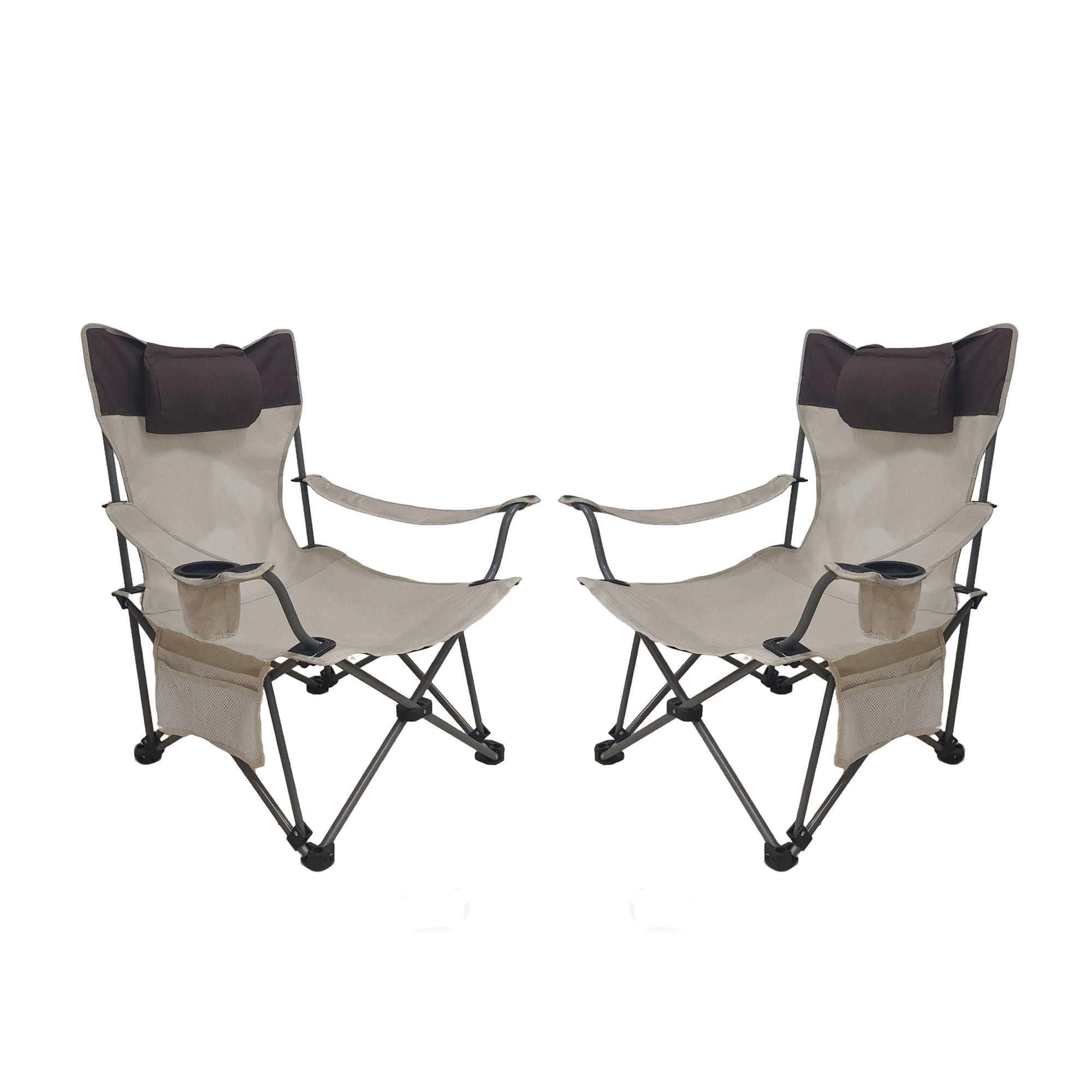 Leumius Outdoor Camping Chairs,2 Pack Folding Chairs Lawn Chairs with Side Pockets & Cup Holder,Carry Bag for Outside, Fishing, Camp & Garden,Beige