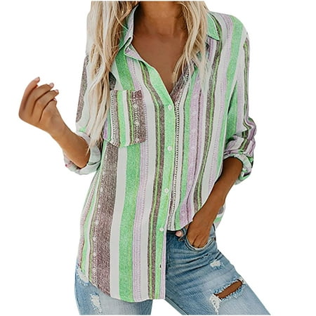 Olyvenn Womens Tops Casual Plus Size Loose Womens Fashion V Neck Striped Roll Up Sleeve Button Down Blouses Tops With Pocket Shirt For Women 2022