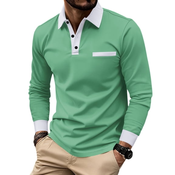 WULMLEO Mens Long Sleeve Polo Shirts Casual Cotton Shirt Classic Golf Shirt Army Green L