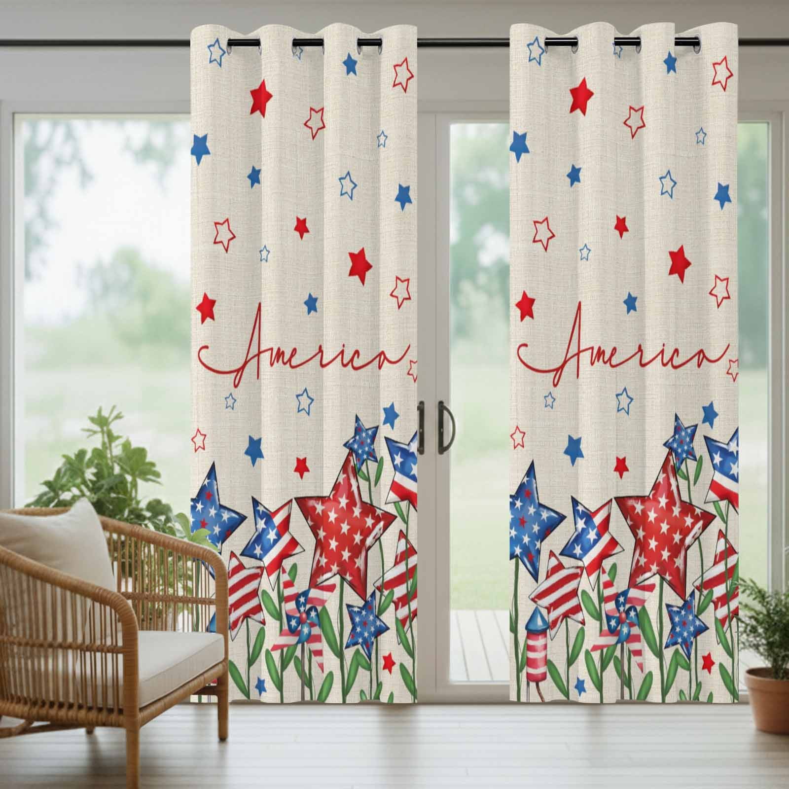 Independence Day Star Outdoor Curtains for Patio, Modern Blue Red American Stars Plant Linen Texture Sunshade Privacy Drapes Grommet Waterproof Outside Curtains for Porch Balcony 54"x95", 2 Panel