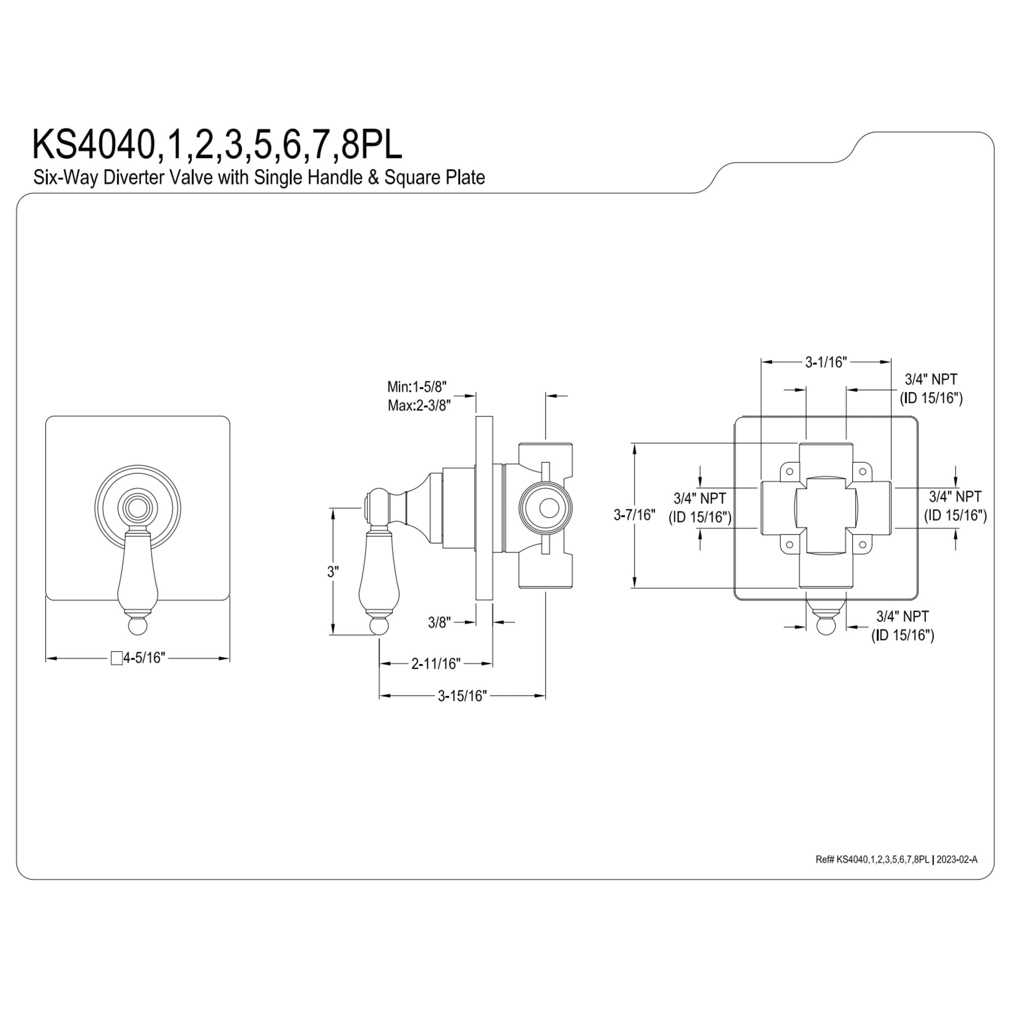 Kingston Brass KS4040PL Restoration Single-Handle Six-Way Diverter Valve with Square Trim Kit, Matte Black