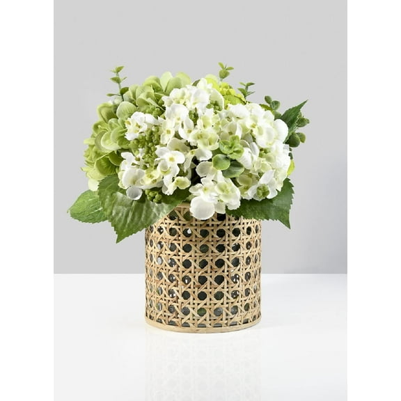 Serene Spaces Living Small Glass Hurricane Candle Holder Wrapped in Woven Rattan Cane, 6.25" Tall & 5" Diameter