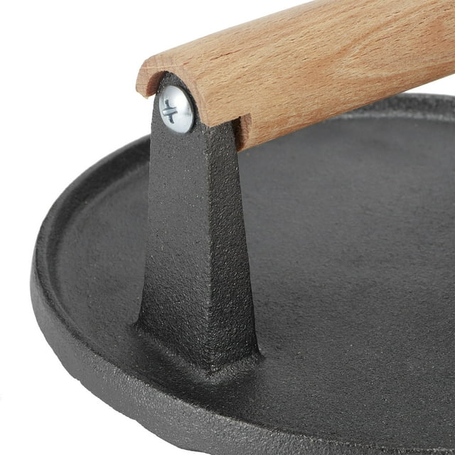 Greensen Outil BBQ, Ustensiles de Cuisine, Outil BBQ Rond en Fonte avec Poignée en Bois, Presse à Steak pour Gril, Outil de Pression pour Rôtir la Viande Frite