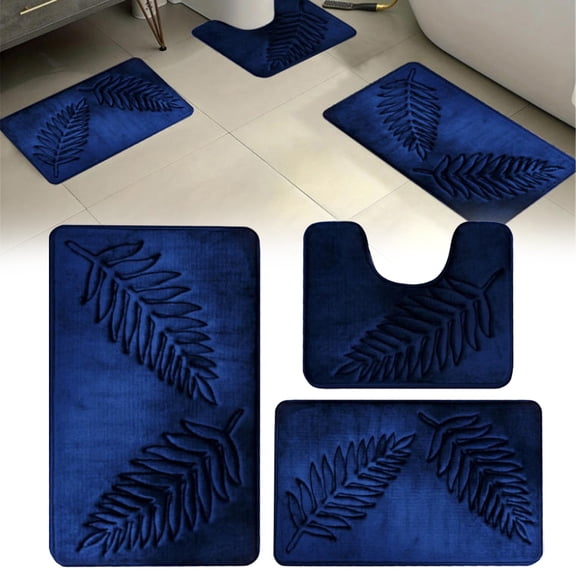 Miommo 3 Piece Bath Rug Set Navy Blue Leaf Pattern Non-Slip Bathroom Mats Machine Washable Soft Absorbent Quick Dry with U-Shaped Contour Rug