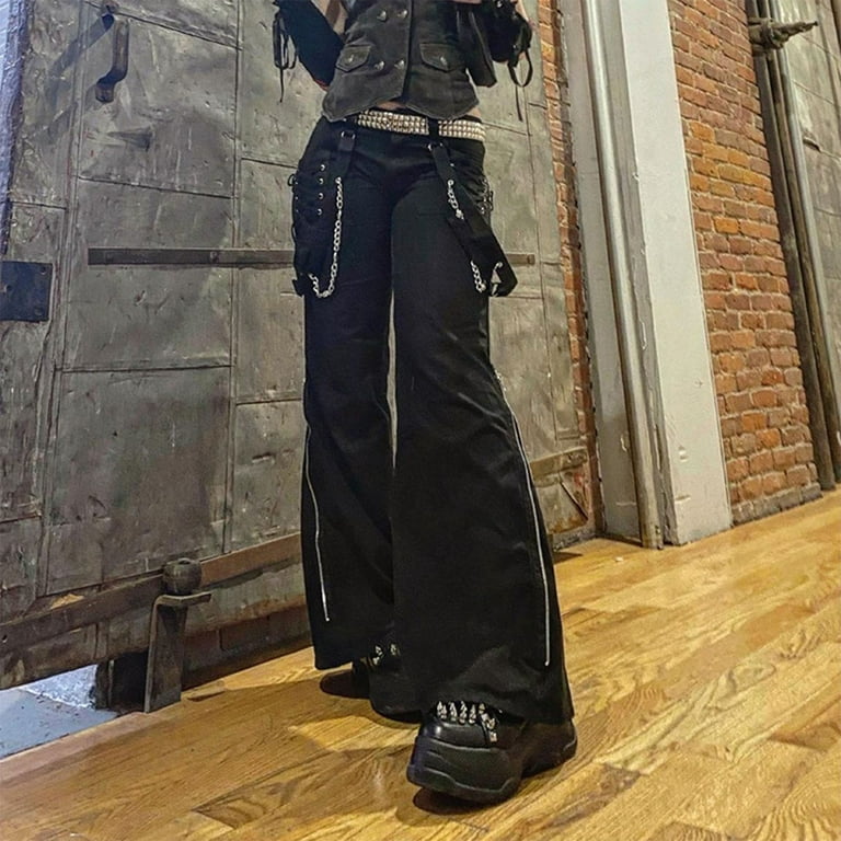 Women's Handmade Chains Split Leg Rhinestones Gothic Punk EMO Tripp Pants  Straps Pants