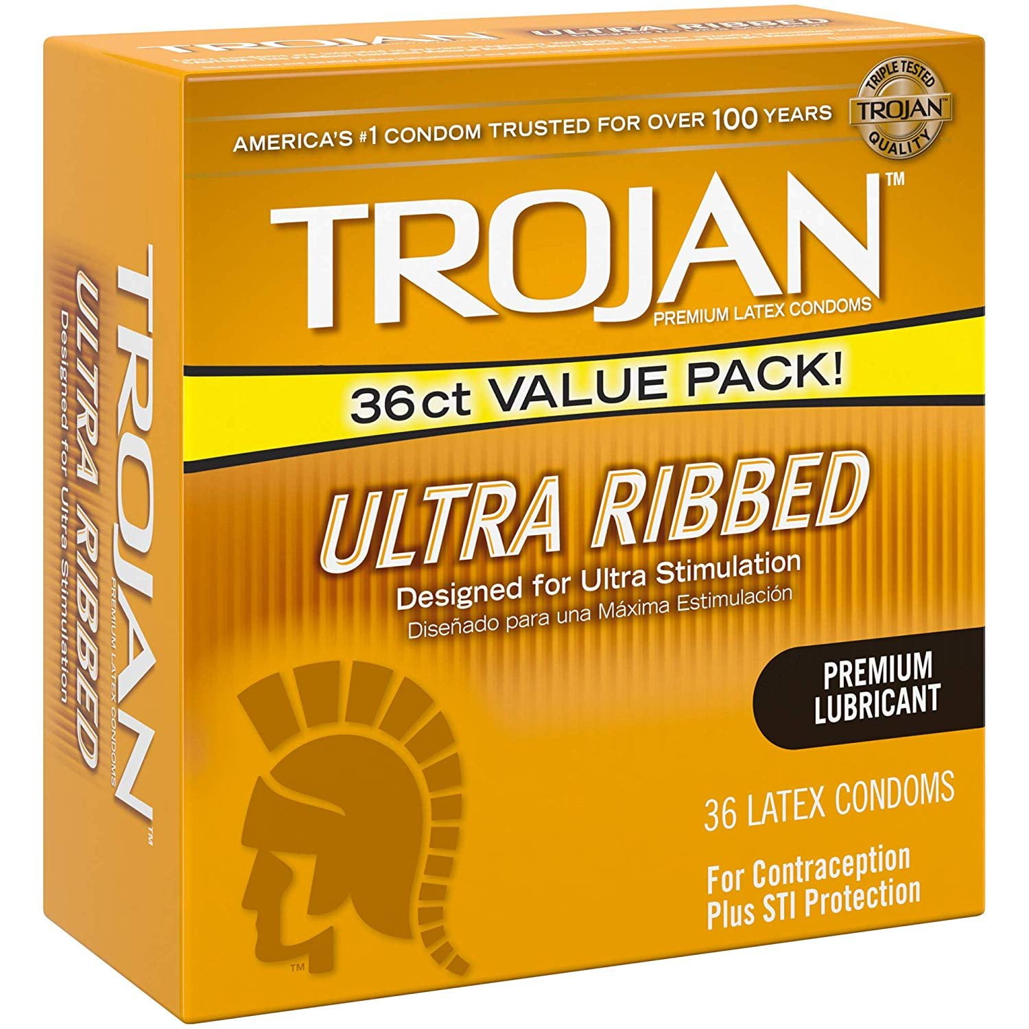 TROJAN Ultra Ribbed Stimulations Premium Lubricant Latex Condoms 36 ea (Pack  of 2)
