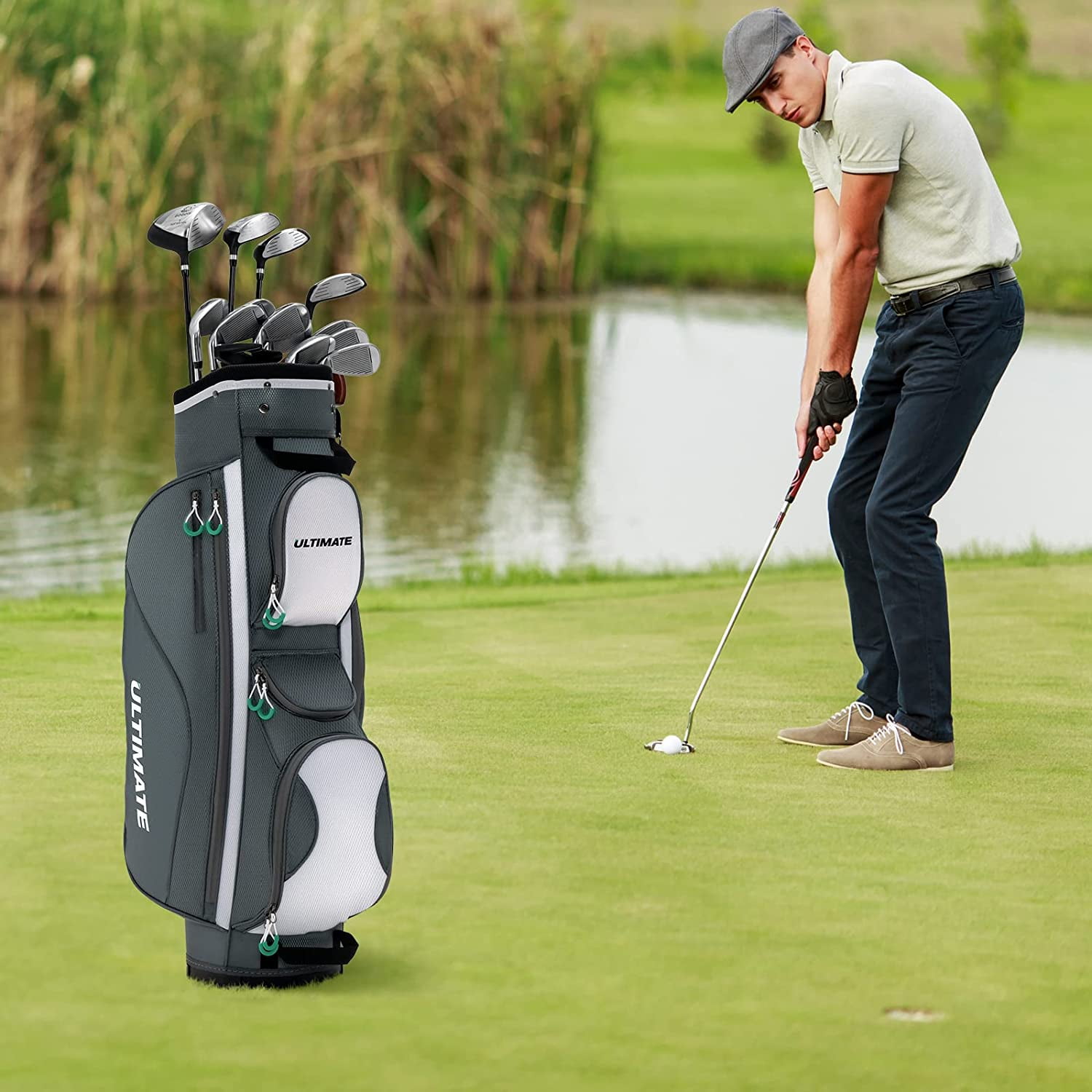 Neatifyes Golf Cart Bag with 14 Way Top Dividers, Lightweight Golf Cart Bag with Shoulder Strap, 7 Zippered Pocket, Cooler Bag & Valuable Pocket, Portable Golf Club Bag with Rain Hood/Dust Cover