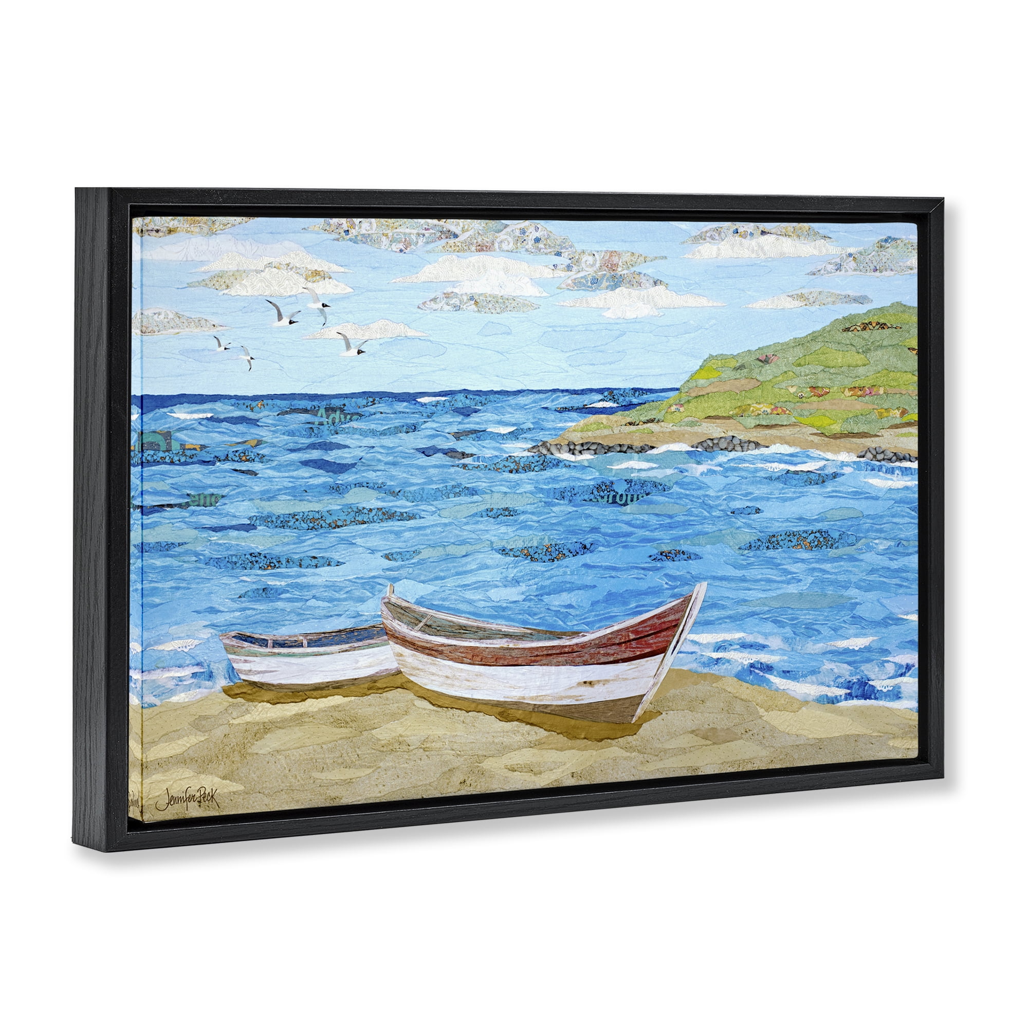Stupell Industries Mykonos Docked Boat Landscape Painting Black Floater Framed Canvas Art Print Wall Art, 31 x 21