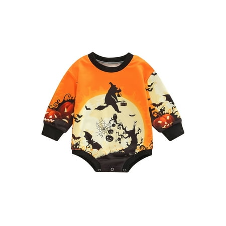 

Seyurigaoka Baby Girl Boy Halloween Jumpsuits Long Sleeve Round Neck Romper Tops Witch Print Crotch Button Loose Street Spring Fall Bodysuit