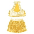 thumbnail image 3 of YONGHS Kids Girls Hip Hop Dancewear Shiny Sequins Halter Neck Crop Top with Skirt Set Gold 9-10, 3 of 7