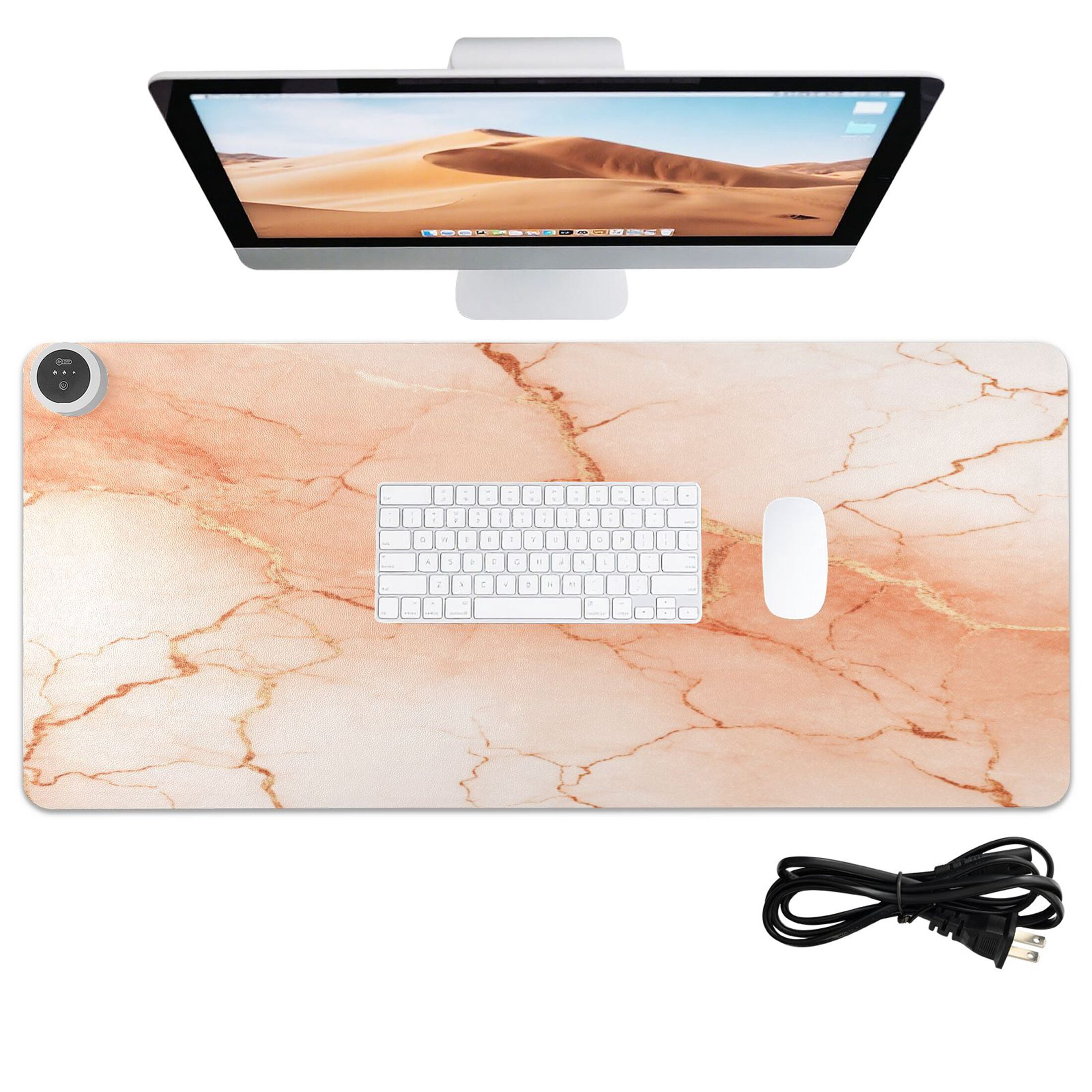 Large Heated Desk Mat Mouse Pad 31.5"x13"PU Leather Graphene Heating Desk Warmer with 3 Temperature Settings 110V US Plug Non-Slip Warm Pad for Home, Office, and Gaming Light Orange Marble Crack