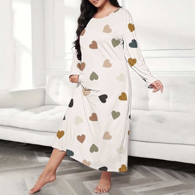 Chemises de Nuit pour Femmes Grande Taille Robe de Nuit Décontractée pour Femmes Grande Taille Imprimé Cœur Manches Longues Col Rond Extensibilité Moyenne Nuisette Ample TG