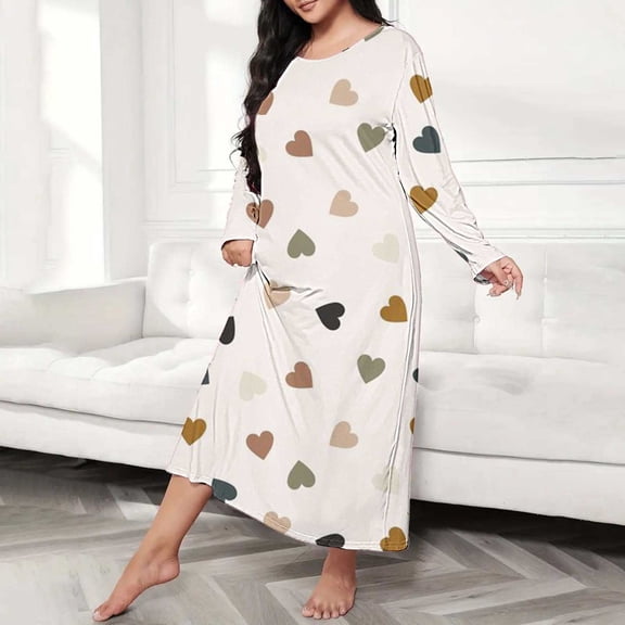 LIZUOJUN Under $8 Long Nightgowns For Women Plus Size Lounge Dress Nighty Silky Milk Touch Long Sleeve Round Neck Heart Print Loose Fit Stretch Breathable All Season Indoor Loungewear 2XL