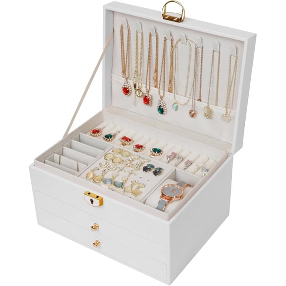 Jewelry Organizer Box, Large Jewelry Organizers Jewelry Boxes Display Earring Necklace Watch Bracelet and Rings 3 Layers with 2 Drawers Women Jewelry Box