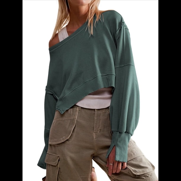 Sudadera Corta para Mujer, Cuello Redondo, Larga, Talla Grande, Otoño-Invierno 2025, Estilo Jersey Holgado. Verde Oscuro XL
