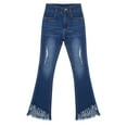 thumbnail image 6 of Aislor Girls Distressed Jeans Flared Jeggings Kids Ruffle Denim Pants Stretchy Bell Bottoms Casual Trousers Dark Blue 10, 6 of 7
