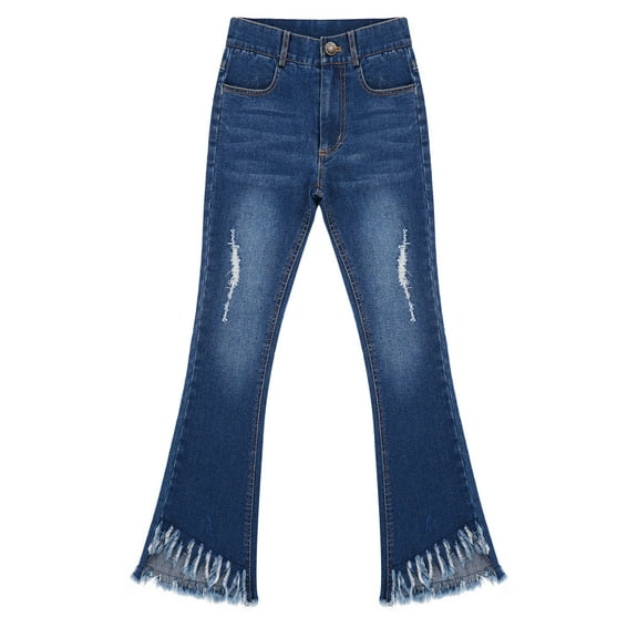 TiaoBug Kids Girls Ripped Tassel Flare Jeans Bell Bottom Trousers Wide Leg Denim Pants Dark Blue 14